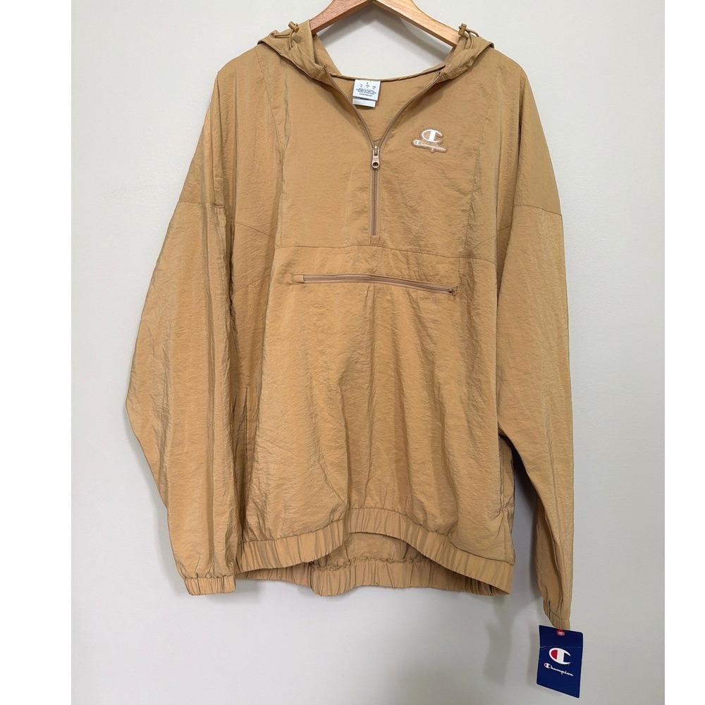 Champion 1/4 Zip Hooded Anorak Pullover Jacket Mens L Tan Beige Windbreaker NWT